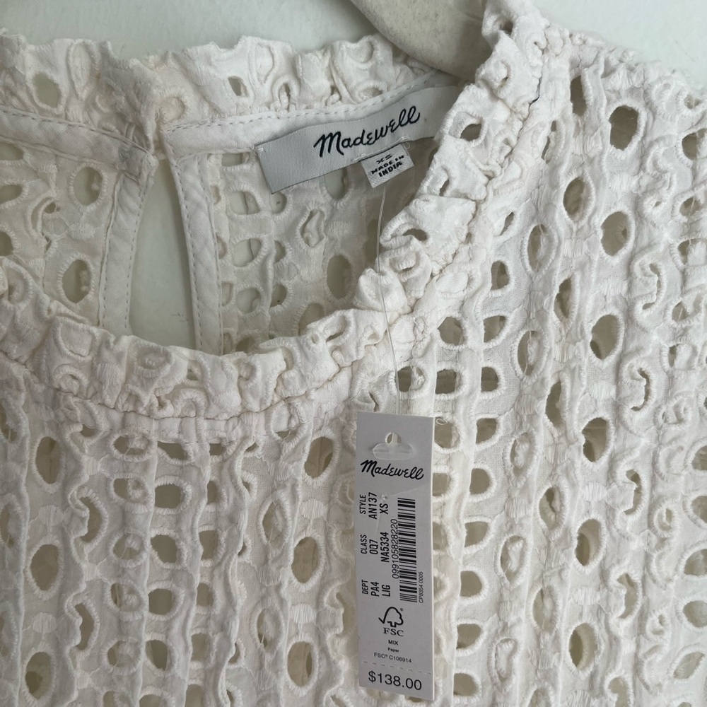 NWT! MADEWELL Eyelet Ruffle-Sleeve Pintuck Mini Dress Size XS - Picture 4 of 5